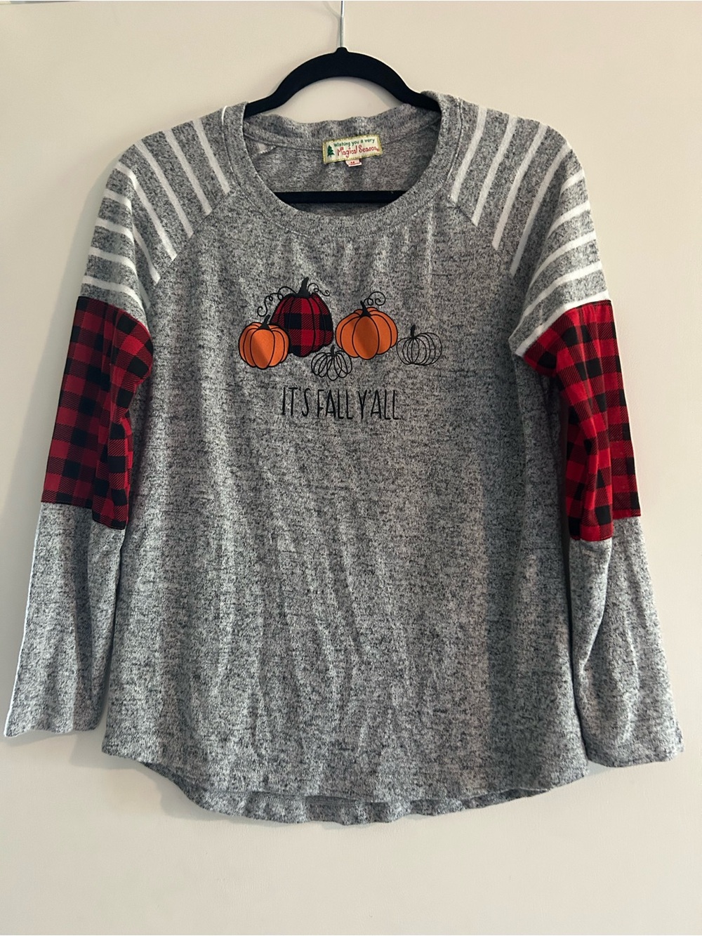 Gray 'It's Fall Y'all' Kids Long-Sleeve Top with Red Buffalo Plaid Sleeves
